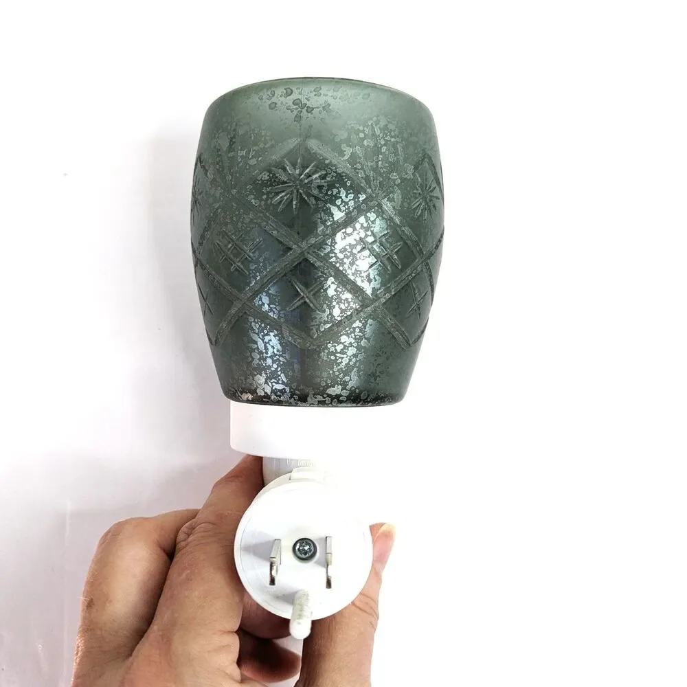 Scentsy Vintage Etched Green Glass Wall Plug In Mini Wax Warmer W/ Bulb 2015